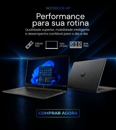 Banner de notebook HP com chamada Performance para sua rotina e destaque para SSD, tela ampla e 8GB RAM.